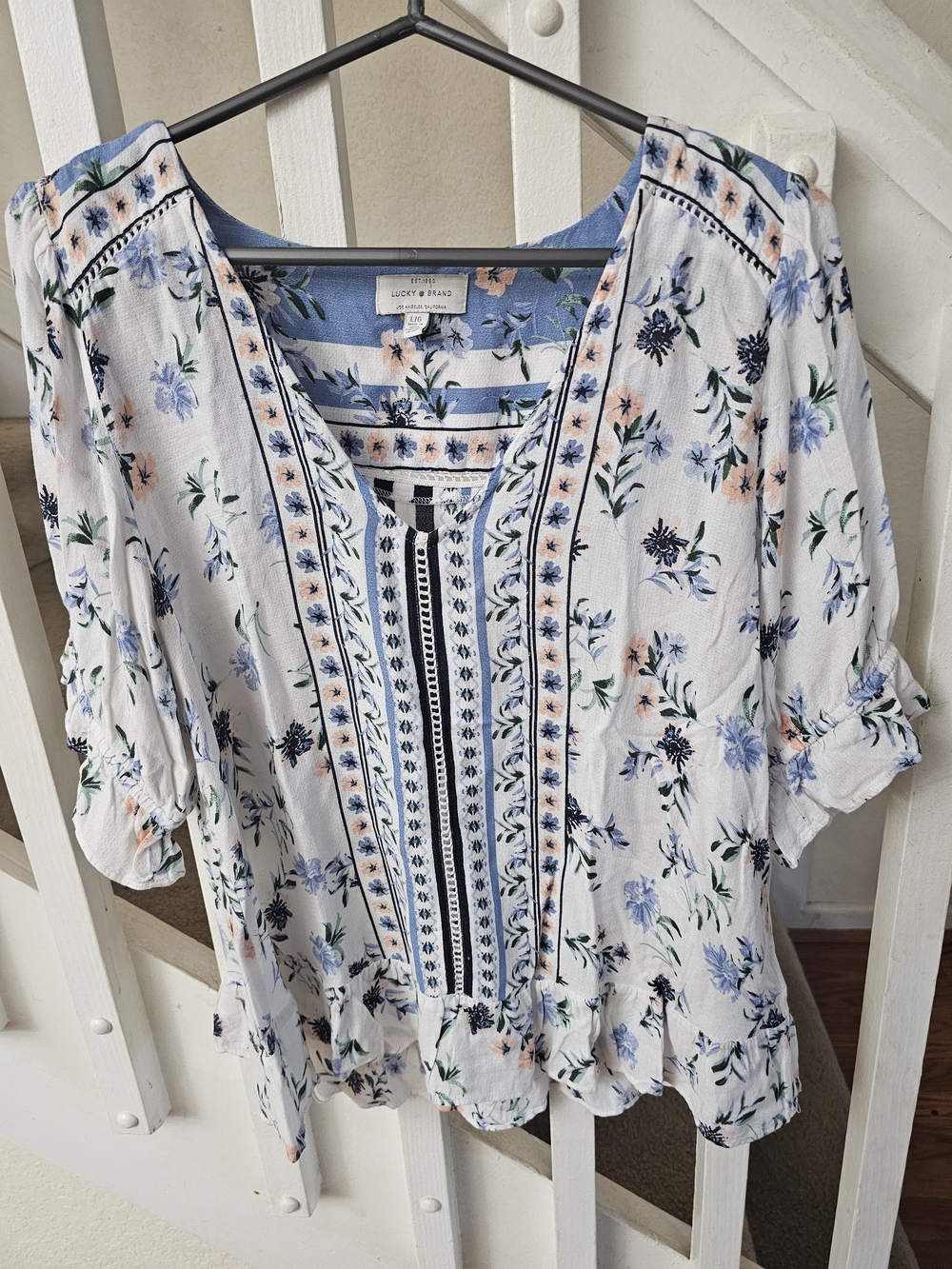 Lucky Brand White Floral Embroidered Peasant Blouse - Blue & Peach